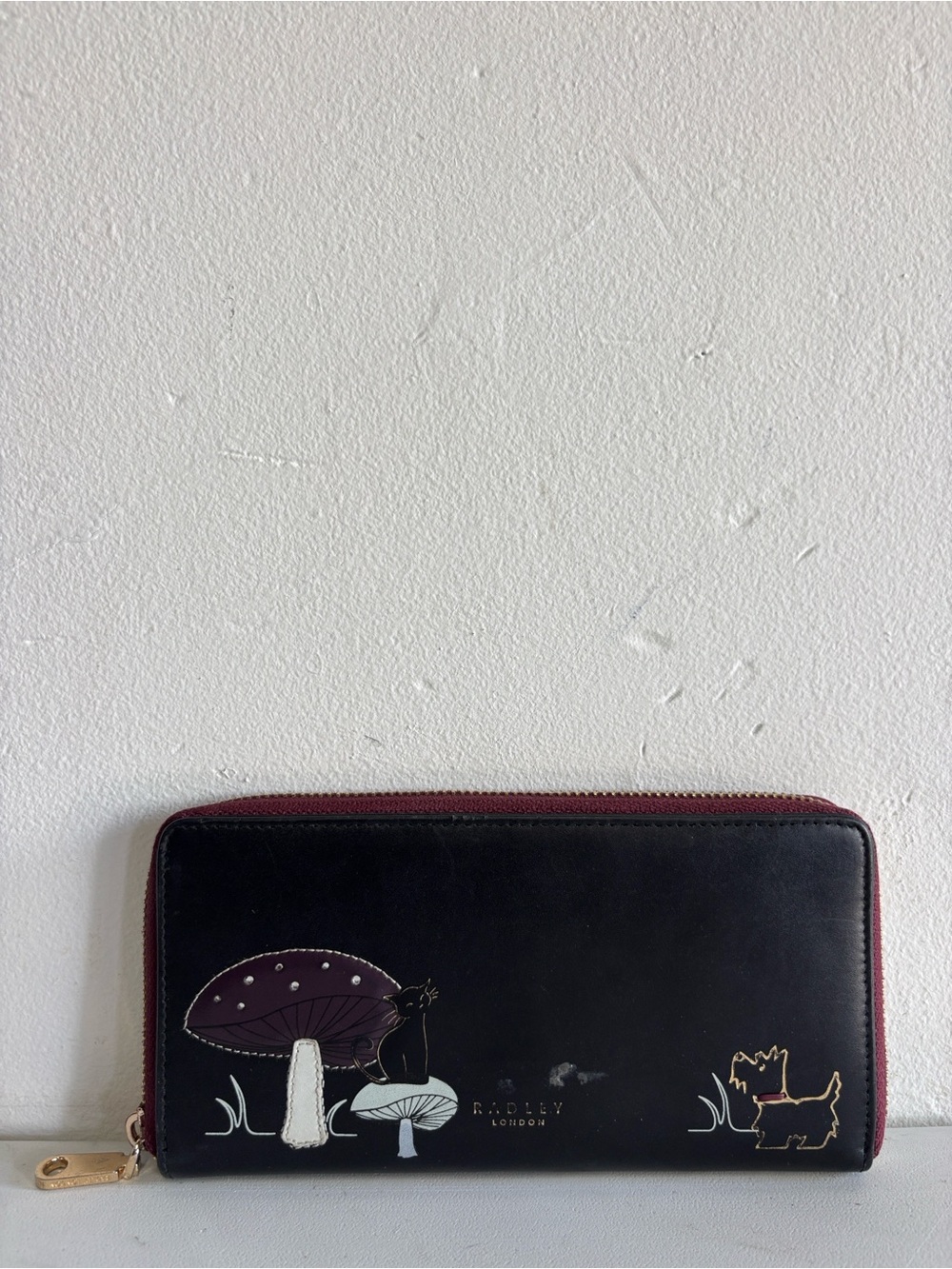 RADLEY LONDON Black & Burgundy Zip-Around Wallet with Mushroom and Dog Motif